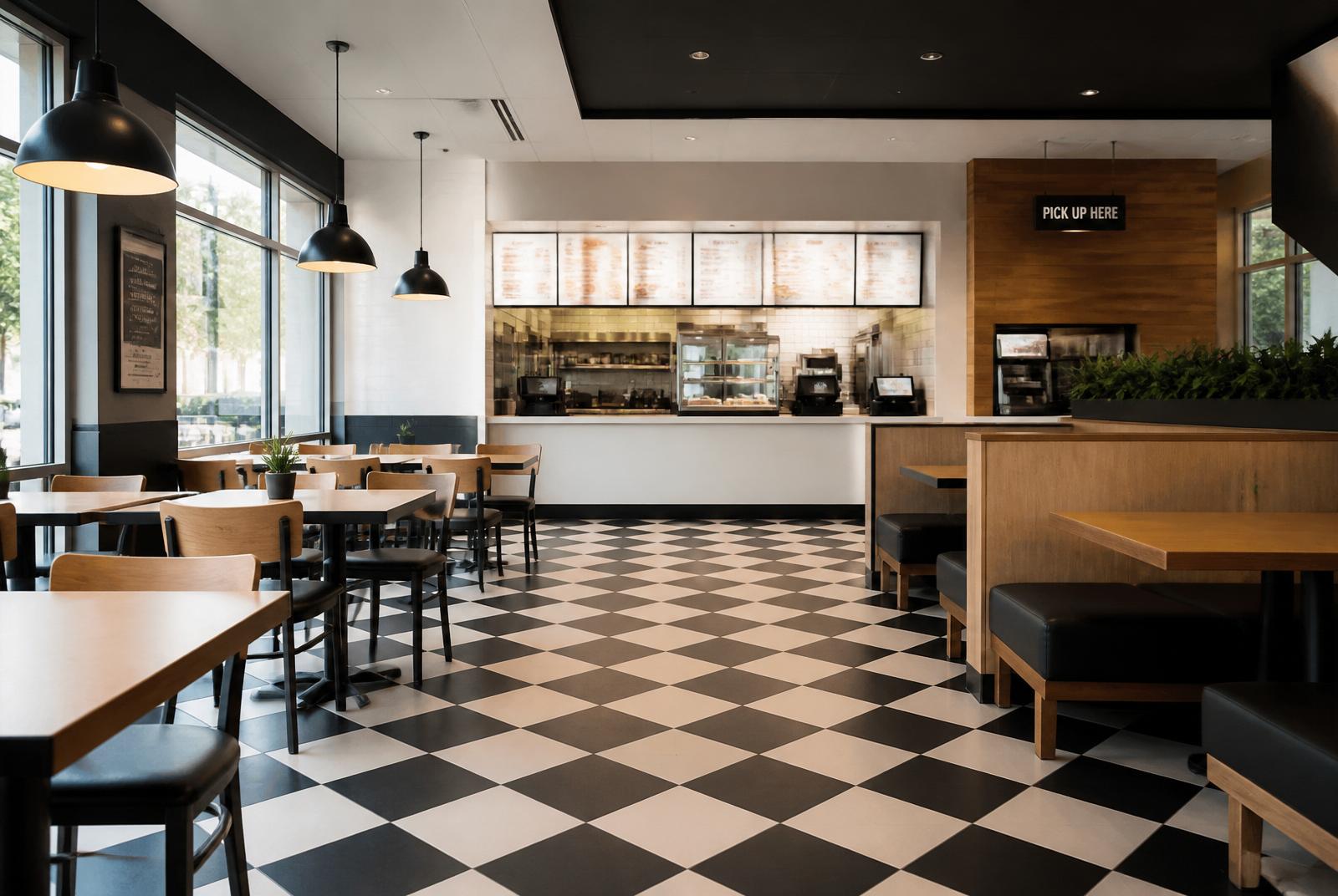 Counter-service dining room with checkered floor and wooden booths