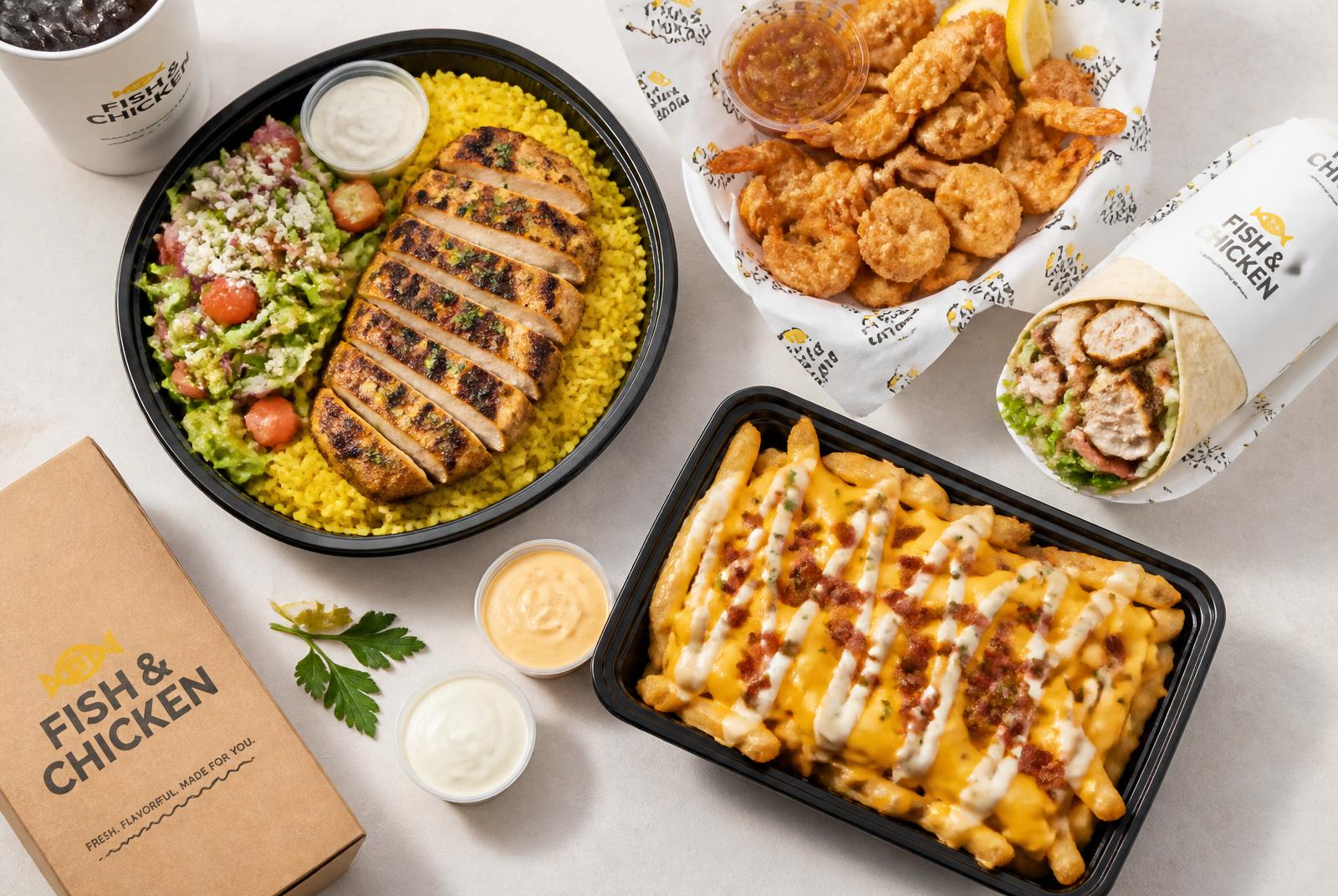 Spread of platters, fried shrimp, chicken wrap, and loaded cheese fries